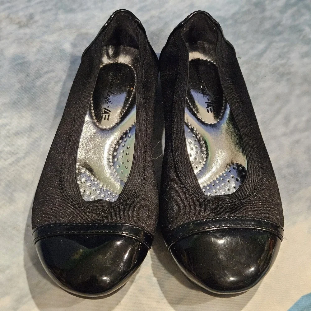 American Eagle Girls Ballet Flats Size 12.5 Black Cap Toe Slip On Dress Shoes
